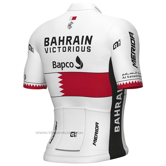 2023 Maillot Cyclisme Bahrain Champion Bahrain Victorious Blanc Rouge Manches Courtes et Cuissard